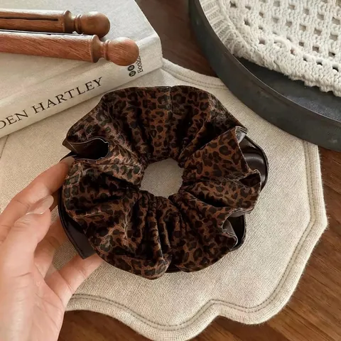 Luipaardprint PU-leer Omkeerbare Scrunchie Geplooide Haarband Vintage Mode Grote Haarelastiek Voor Dames