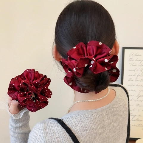 Scrunchie in Stile Francese Rosso Vino a Pois Elegante Elastico per Capelli a Doppio Strato Grande Cerchio in Tessuto Donna