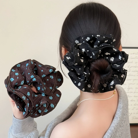 Scrunchie in Chiffon Floreale Rétro Francese Elastico Grande per Donna Stile Coreano Elegante Supporto per Coda di Cavallo Accessorio Capelli