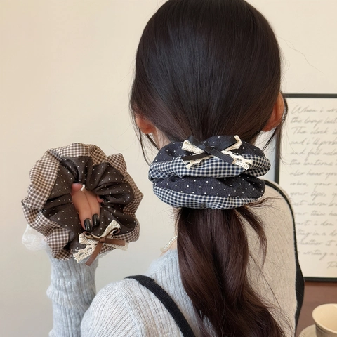 Koreanischer Stil Übergroße Stoff Haargummis Patchwork Kariert Punktmuster Spitze Schleife Elastisch Haarband Vintage Schmuck