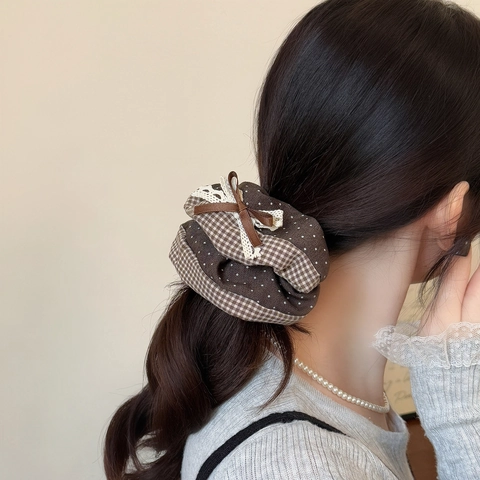 Koreanischer Stil Übergroße Stoff Haargummis Patchwork Kariert Punktmuster Spitze Schleife Elastisch Haarband Vintage Schmuck