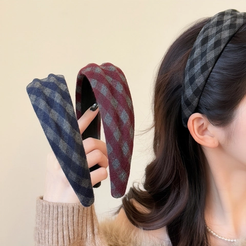 Koreaanse Vintage Geruit Stof Geplooid Breed Haarband Dames Mode Geribd Rooster Stirnband Retro Zoet Sieraden