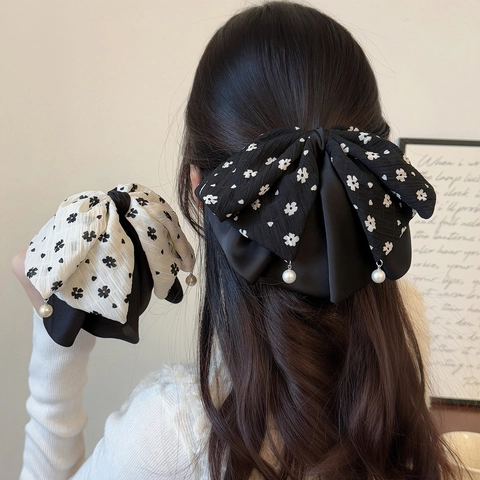 Fermaglio per Capelli con Fiocco Floreale Vintage Francese Grande Clip per Coda di Cavallo in Raso e Chiffon con Perla Artificial Donna