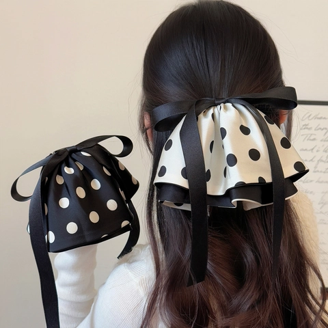 Elegante Polka Dot Strik Haarclip Satijn Stof Franse Stijl Grote Haarklem Met Lang Lint Voor Vrouwen Dagelijkse Decoratie