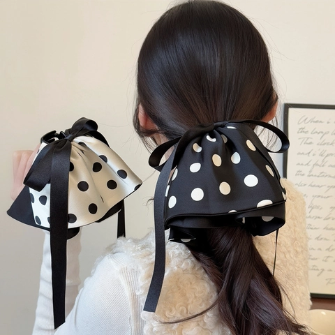 Elegante Polka Dot Strik Haarclip Satijn Stof Franse Stijl Grote Haarklem Met Lang Lint Voor Vrouwen Dagelijkse Decoratie