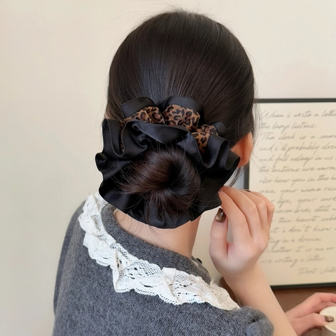 Koreaanse Stijl Grote Luipaardprint Splicing Scrunchie Satijn Geplooid Haarelastiekje Elastische Haarband Voor Dames