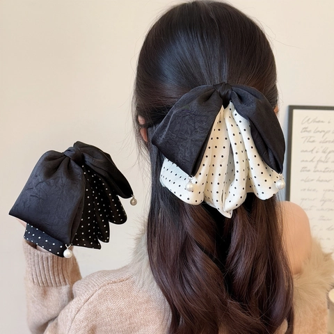 Vintage Polka Dot Strik Haarklem Voor Dames Satijn Stof Vlinder Haarspeld Met Imitatieparel Hanger Haaraccessoires