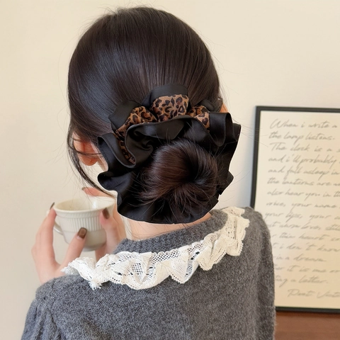 Koreaanse Stijl Grote Luipaardprint Splicing Scrunchie Satijn Geplooid Haarelastiekje Elastische Haarband Voor Dames