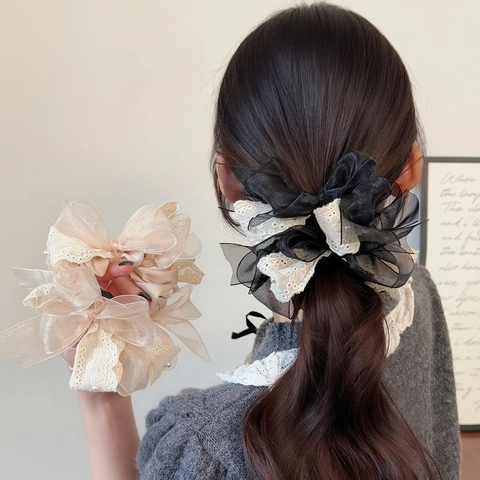 Grande Scrunchie Elegante con Fiocco in Pizzo e Organza con Künstliche Perle Sintetiche Elastico per Capelli Plissettato Vintage Donna