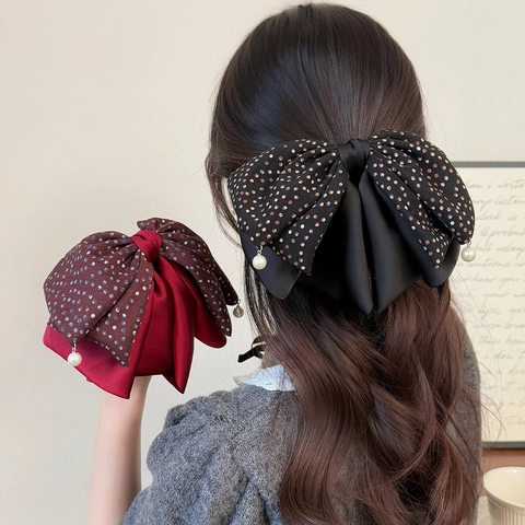 Elegante Fermaglio per Capelli con Fiocco in Tessuto a Pois Stile Coreano Con Pendente in Perla Artificial Grande Forcina Vintage Per Donna Quotidiano