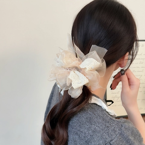 Grande Scrunchie Elegante con Fiocco in Pizzo e Organza con Künstliche Perle Sintetiche Elastico per Capelli Plissettato Vintage Donna
