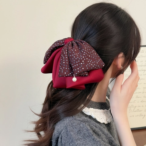 Elegante Fermaglio per Capelli con Fiocco in Tessuto a Pois Stile Coreano Con Pendente in Perla Artificial Grande Forcina Vintage Per Donna Quotidiano