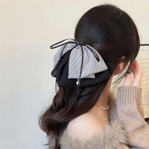 Fermaglio per Capelli a Molletta con Grande Fiocco a Traliccio in Stile Francese con Nastro di Perle Artificiali Elegante Donna