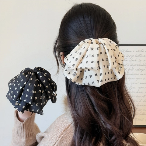 Grande Pinza per Capelli con Fiocco in Chiffon Elegante Stile Francese Fiocco in Tessuto Motivo a Croce Strass Accessori Donna