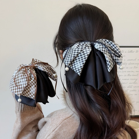 Elegante Clip per Capelli a Fiocco Plaid Tessuto Satin Grande Fermaglio Con Perla Artificiale Ricamo Floreale Accessori Capelli Donna