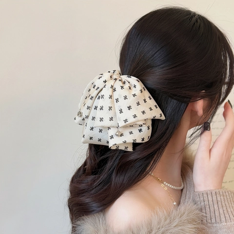 Grande Pinza per Capelli con Fiocco in Chiffon Elegante Stile Francese Fiocco in Tessuto Motivo a Croce Strass Accessori Donna