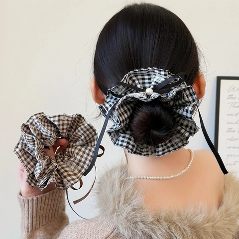 Elastico per Capelli a Quadri Dolce Coreano Con Perla Artificiale Fiocco Nastro Elastico in Tessuto Donna Accessori Vintage