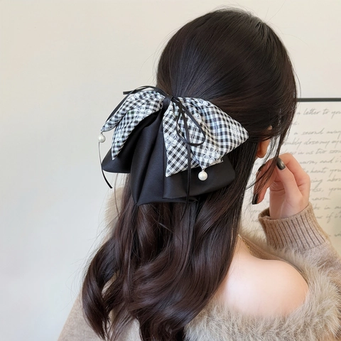 Elegante Clip per Capelli a Fiocco Plaid Tessuto Satin Grande Fermaglio Con Perla Artificiale Ricamo Floreale Accessori Capelli Donna