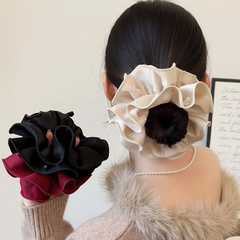 Elastico Per Capelli Grande in Satin Con Perla Artificiale Plissettato Volant Elastico Capelli Donna Stile Coreano