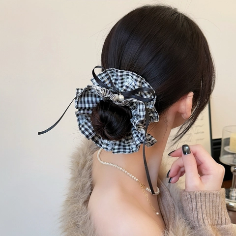 Elastico per Capelli a Quadri Dolce Coreano Con Perla Artificiale Fiocco Nastro Elastico in Tessuto Donna Accessori Vintage