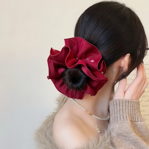 Elastico Per Capelli Grande in Satin Con Perla Artificiale Plissettato Volant Elastico Capelli Donna Stile Coreano