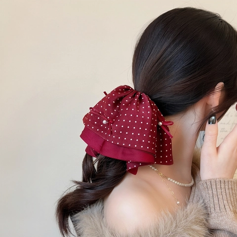 Elegante Molletta per Capelli a Pois Con Fiocco per Donna Clip a Coda di Cavallo in Tessuto Stile Gonna Vintage