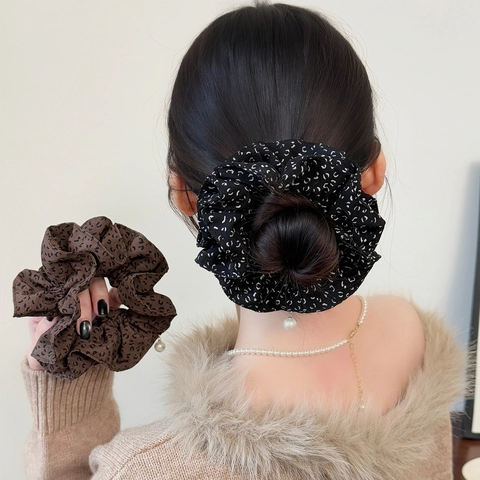 Coletero de Doble Capa con Estampado de Leopardo Estilo Coreano Con Perla Artificial Elegante Lazo para el Cabello de Tela Elástica para Mujer