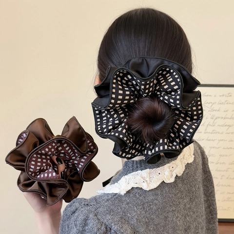 Coleteros Grandes de Satén con Tablero de Ajedrez para Mujer Gomas elásticas Plisadas Soporte para Coleta Estilo Coreano