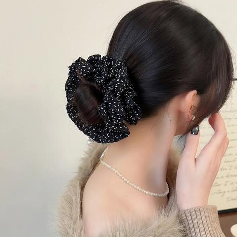Coletero de Doble Capa con Estampado de Leopardo Estilo Coreano Con Perla Artificial Elegante Lazo para el Cabello de Tela Elástica para Mujer