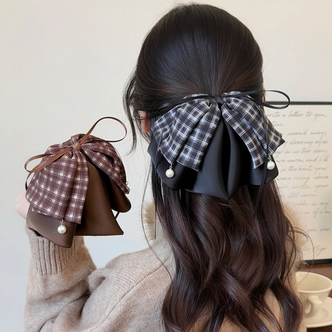 Elegante Fermaglio per Capelli Coreano con Fiocco a Quadretti e Ciondolo di Perla Artificiale Vintage in Tessuto per Donna