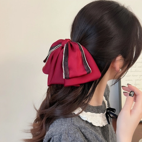 Elegante Fermaglio per Capelli Francese con Grande Fiocco in Satin per Donna Bordo di Strass Molletta Coda Cavallo Accessori Capelli Retrò