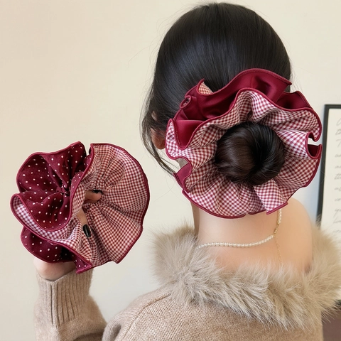 Chouchou en Tissu Double Couche à Carreaux Rouges et Pois Style Coréen Grand Élastique à Cheveux à Volants pour Femmes Accessoires