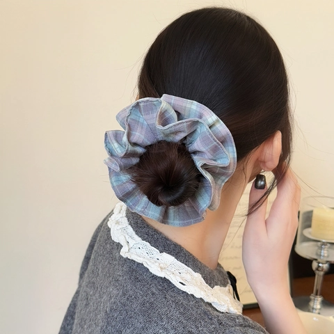 Coleteros Grandes de Doble Capa a Cuadros de Estilo Coreano para Mujer Gomas de Pelo Elegantes Accesorios para el Cabello