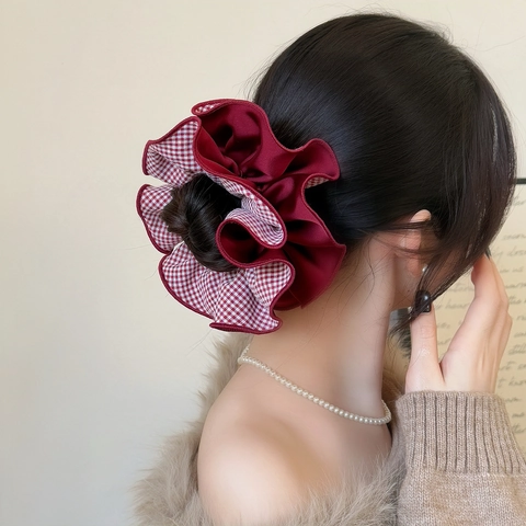 Chouchou en Tissu Double Couche à Carreaux Rouges et Pois Style Coréen Grand Élastique à Cheveux à Volants pour Femmes Accessoires