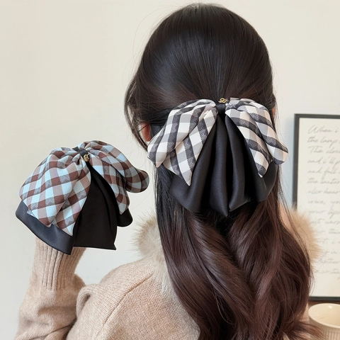 Pince à Cheveux Élégante Grand Nœud Patchwork à Carreaux Avec Pendentif Cœur en Métal Vintage Satin Accessoires Cheveux Femme
