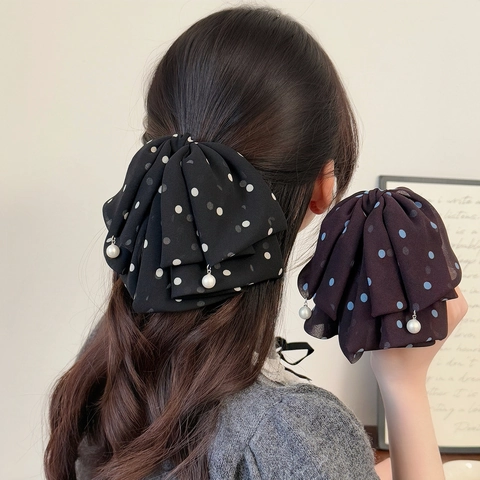 Molletta per Capelli a Fiocco a Pois in Rete Stile Coreano Con Pendente in Perle Artificiali Elegante Artiglio per Capelli Donna