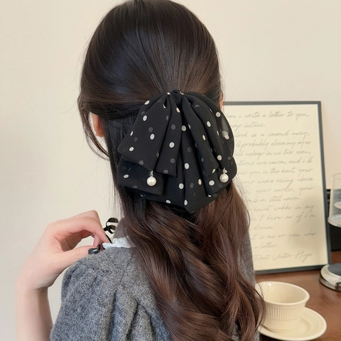 Molletta per Capelli a Fiocco a Pois in Rete Stile Coreano Con Pendente in Perle Artificiali Elegante Artiglio per Capelli Donna