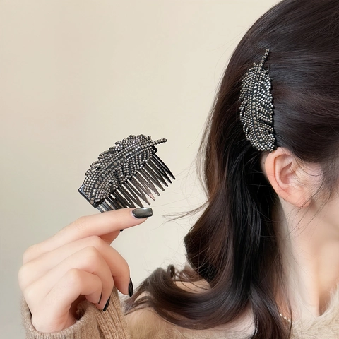 Squisito Pettine per Capelli con Strass per Donna Vintage Coreano Foglia Piuma Pettine Retro Accessorio per Capelli Quotidiano