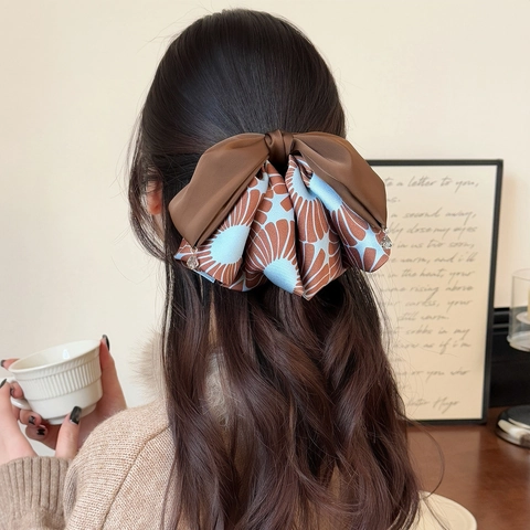 Elegante Vintage Satijnen Strik Haarclip Met Bloemenprint Voor Dames Dubbellaagse Paardenstaartclip Grote Haaraccessoires