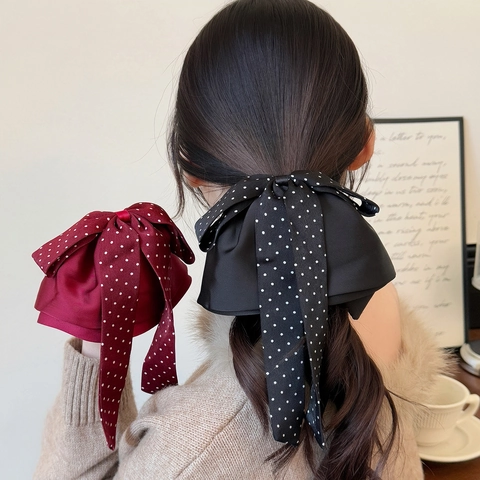 Elegante Pinza para el Cabello con Lazo de Lunares y Cintas Largas Satén Grande para Mujer Estilo Coreano Dulce Moda