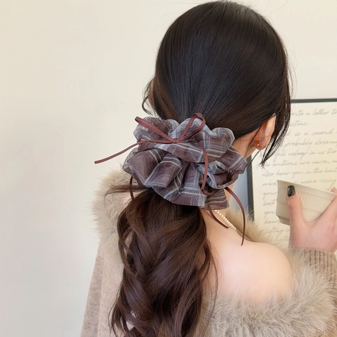 Vintage Ruitjes Gaas Scrunchie Met Zijden Lint Strik Bruin Koffie Koreaanse Stijl Geplooid Handgemaakte Haarelastiekje Voor Vrouwen