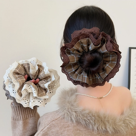 Vintage Geruite Kanten Gelaagde Scrunchies voor Dames Retro Bloem Grote Haarring Stof Handgemaakte Koreaanse Stijl Haaraccessoires
