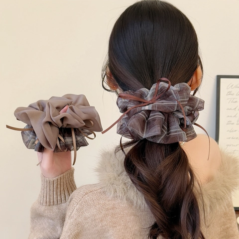 Vintage Ruitjes Gaas Scrunchie Met Zijden Lint Strik Bruin Koffie Koreaanse Stijl Geplooid Handgemaakte Haarelastiekje Voor Vrouwen