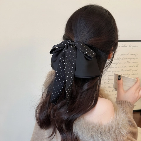 Elegante Pinza para el Cabello con Lazo de Lunares y Cintas Largas Satén Grande para Mujer Estilo Coreano Dulce Moda