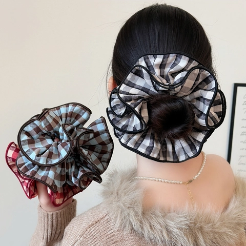 Coleteros de Tela a Cuadros Grandes Hechos a Mano Plisados Con Borde de Cuatro Capas Bandas Elásticas para el Cabello Mujer