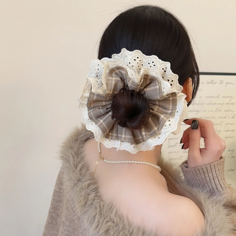 Vintage Geruite Kanten Gelaagde Scrunchies voor Dames Retro Bloem Grote Haarring Stof Handgemaakte Koreaanse Stijl Haaraccessoires