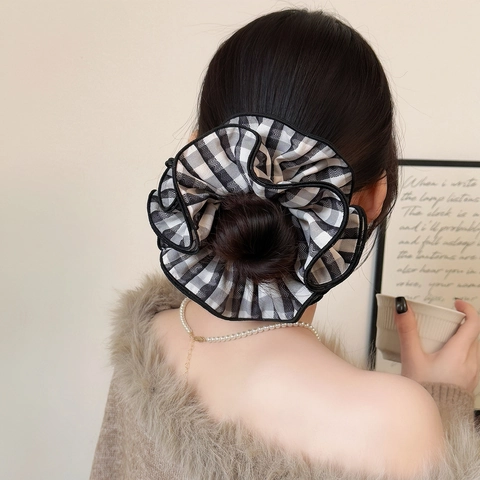 Coleteros de Tela a Cuadros Grandes Hechos a Mano Plisados Con Borde de Cuatro Capas Bandas Elásticas para el Cabello Mujer