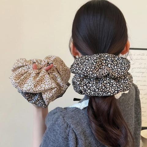 Scrunchie in Tessuto a Stampa Floreale Vintage Stile Coreano Pieghettato Elastico per Coda di Cavallo per Donna