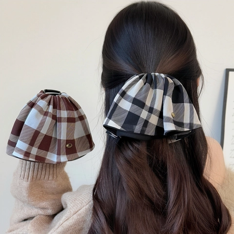 Pince à Cheveux en Tissu Écossais Français Design Nœud à Volants Fait à la Main Élégante Pince à Queue de Cheval pour Femmes