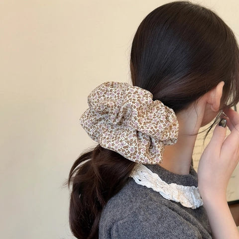 Scrunchie in Tessuto a Stampa Floreale Vintage Stile Coreano Pieghettato Elastico per Coda di Cavallo per Donna